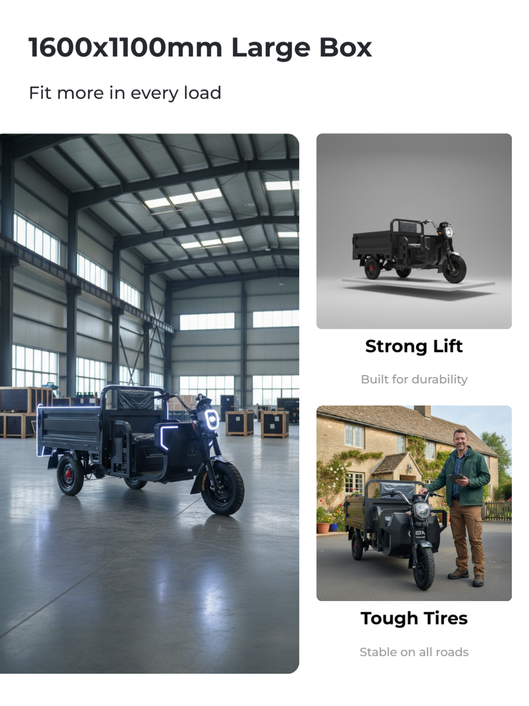Close-up of the control panel on our hydraulic electric cargo trike, featuring an intuitive dashboard and ergonomic handlebars for safe, comfortable operation.