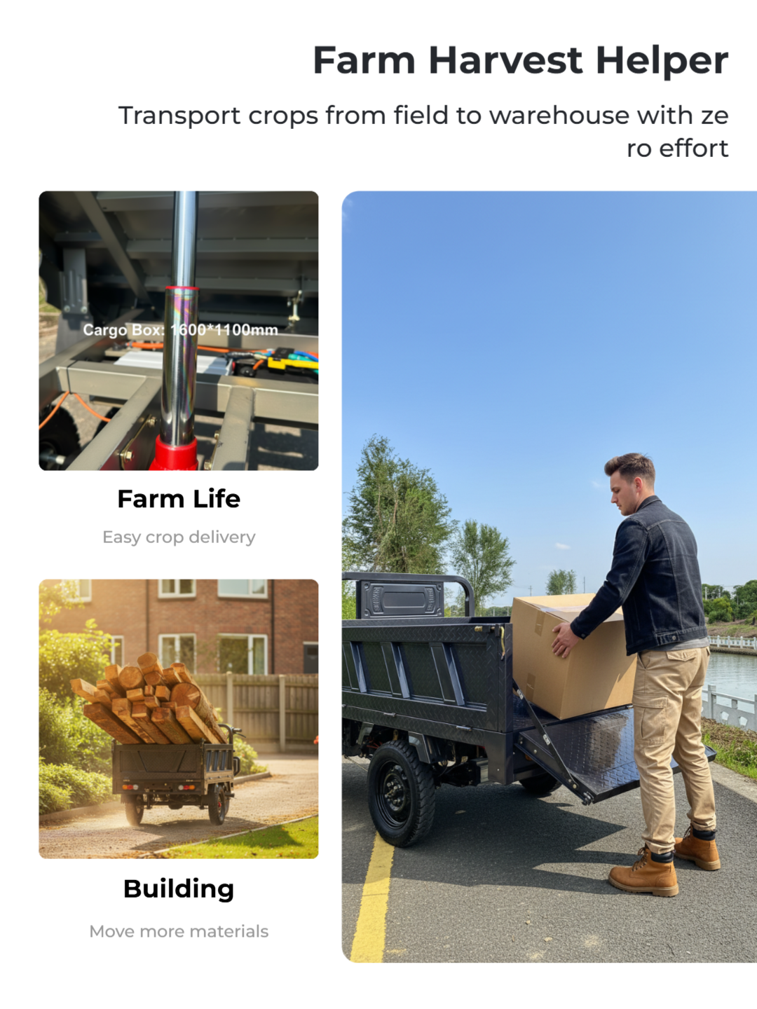 Our hydraulic electric cargo trike in action, demonstrating efficient cargo loading and unloading capabilities with durable construction and stable handling.