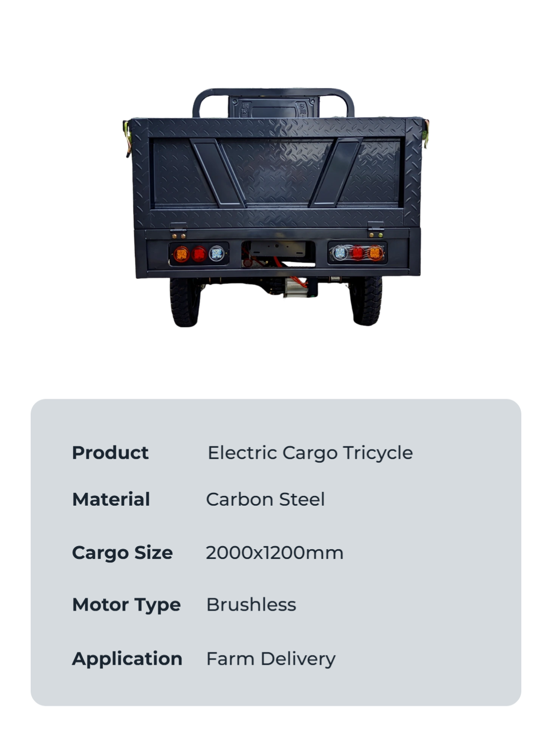 Brushless motor and high-capacity lithium battery powering our carbon steel electric cargo tricycle, delivering consistent performance for industrial transport.