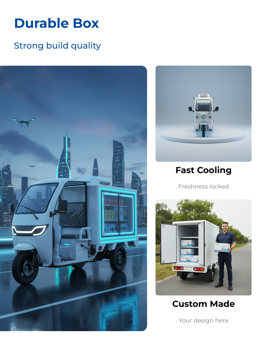 Supports customized stainless steel paneling, color matching and logo printing, helping cold chain enterprises build a unified professional fleet image.