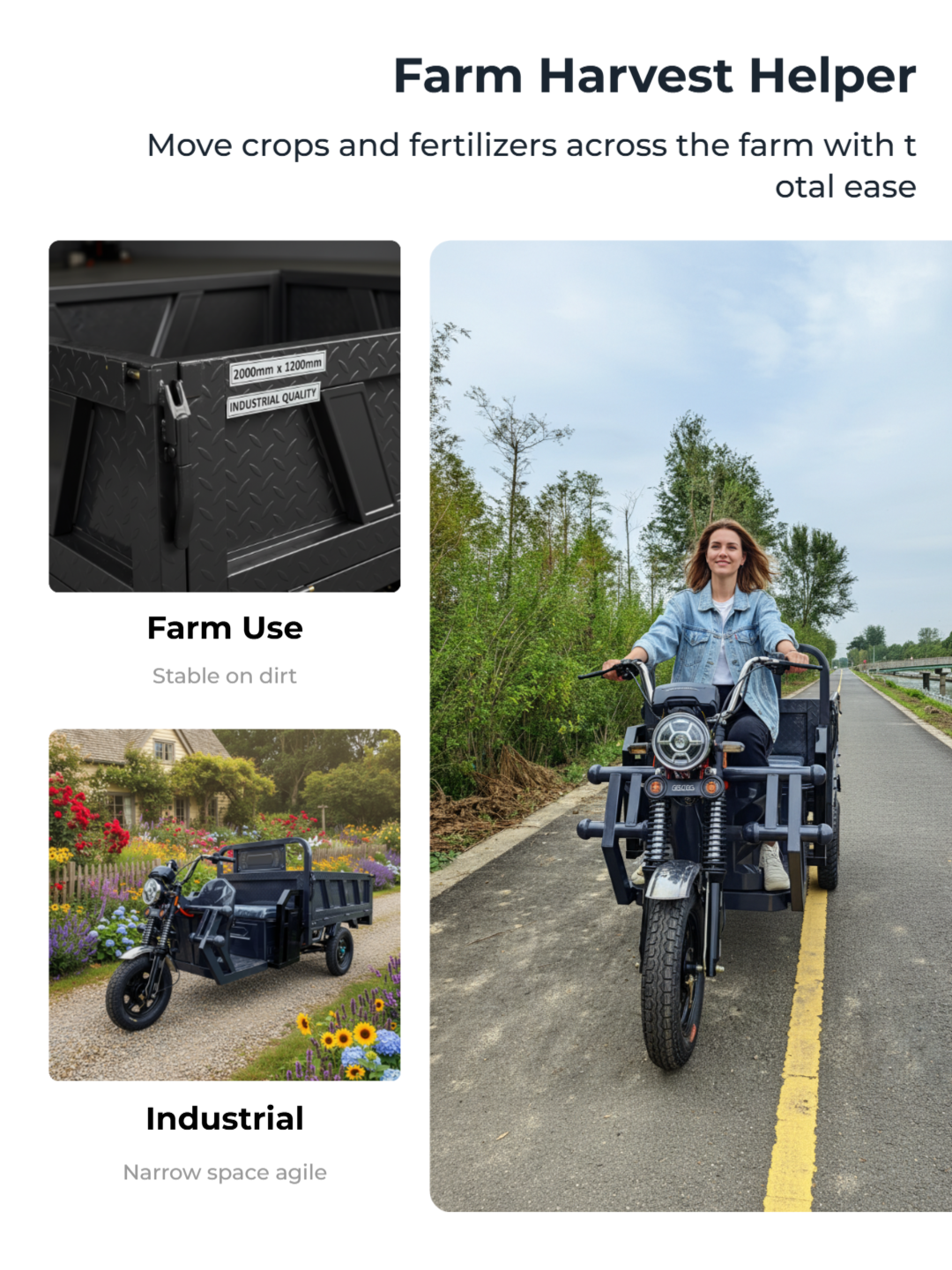 Our carbon steel electric cargo tricycle is versatile and reliable, perfect for industrial transport, construction sites, and heavy logistics operations.