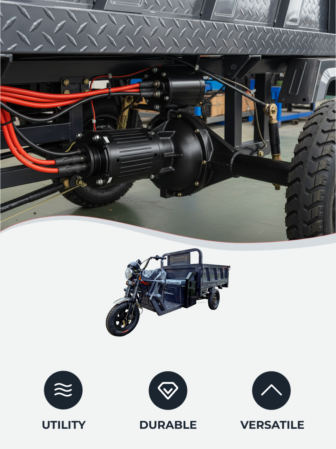 Customizable carbon steel electric cargo tricycle available in multiple colors and with logo printing options, tailored to meet industrial branding needs.