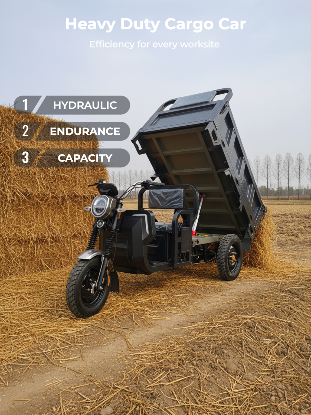 Ergonomic seating and spacious driving area on our hydraulic electric cargo trike, providing comfort and support for long hours of operation.