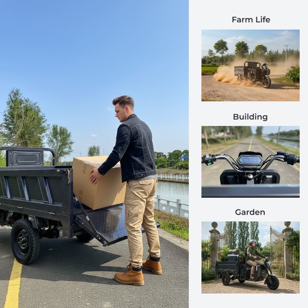 Side view of our hydraulic electric cargo trike, showcasing a spacious, durable cargo bed and stable 3-wheel design for reliable transport.