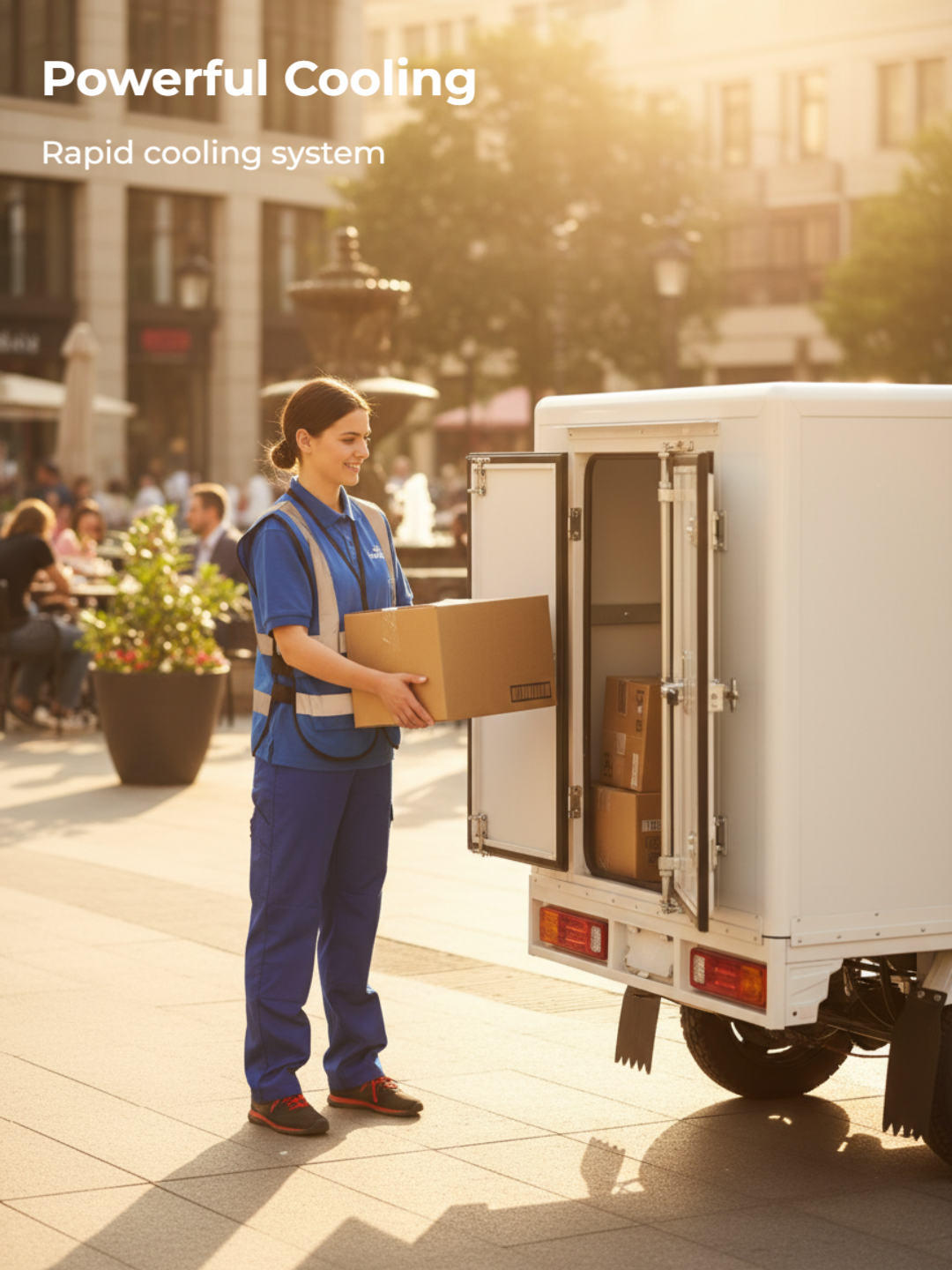 In action for urban cold chain delivery, efficiently transporting fresh produce, frozen food and medical vaccines while maintaining strict temperature control.