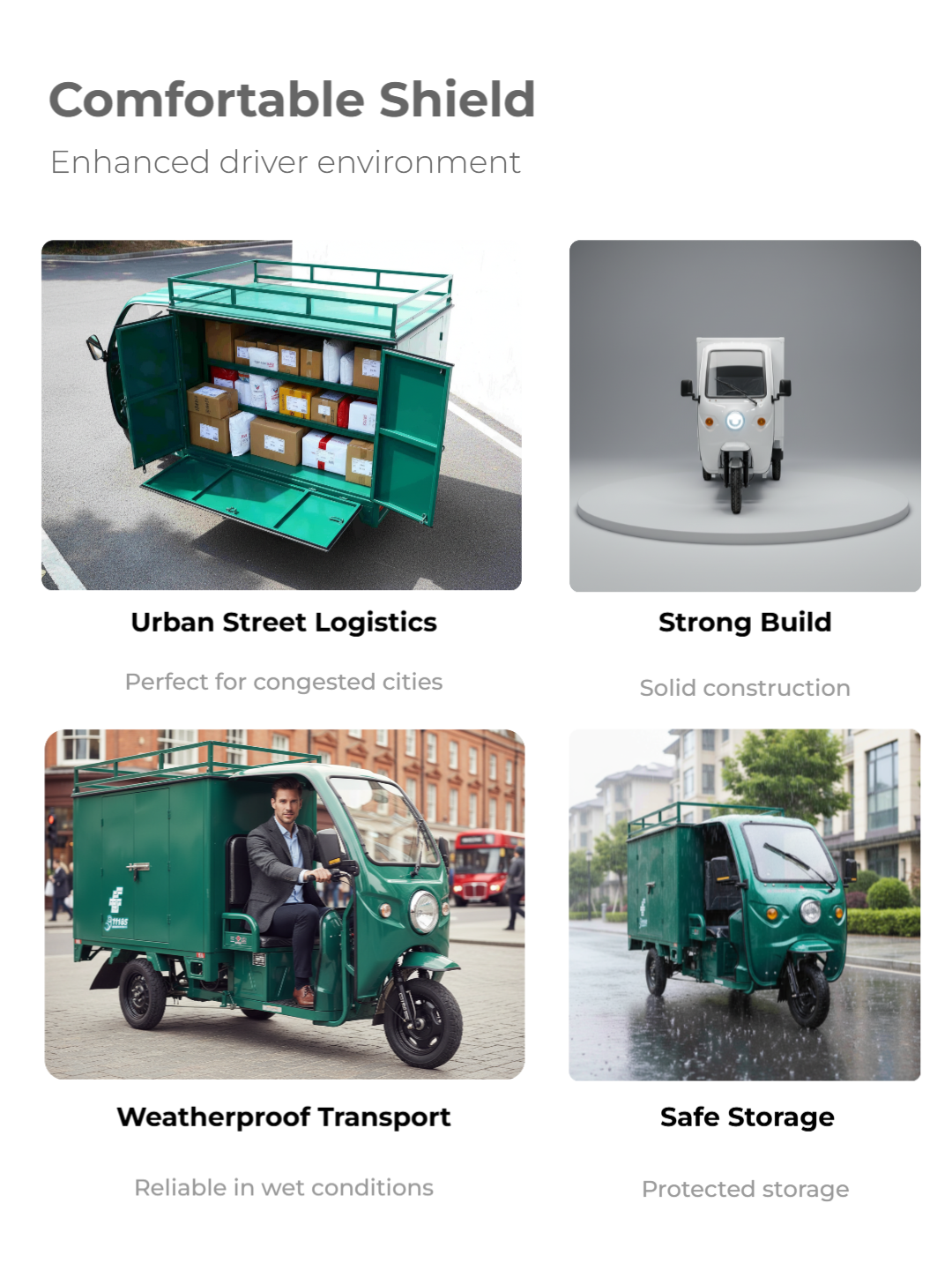 Durable tires and advanced shock absorption system ensure a smooth, stable ride on various road surfaces, even with maximum load capacity.