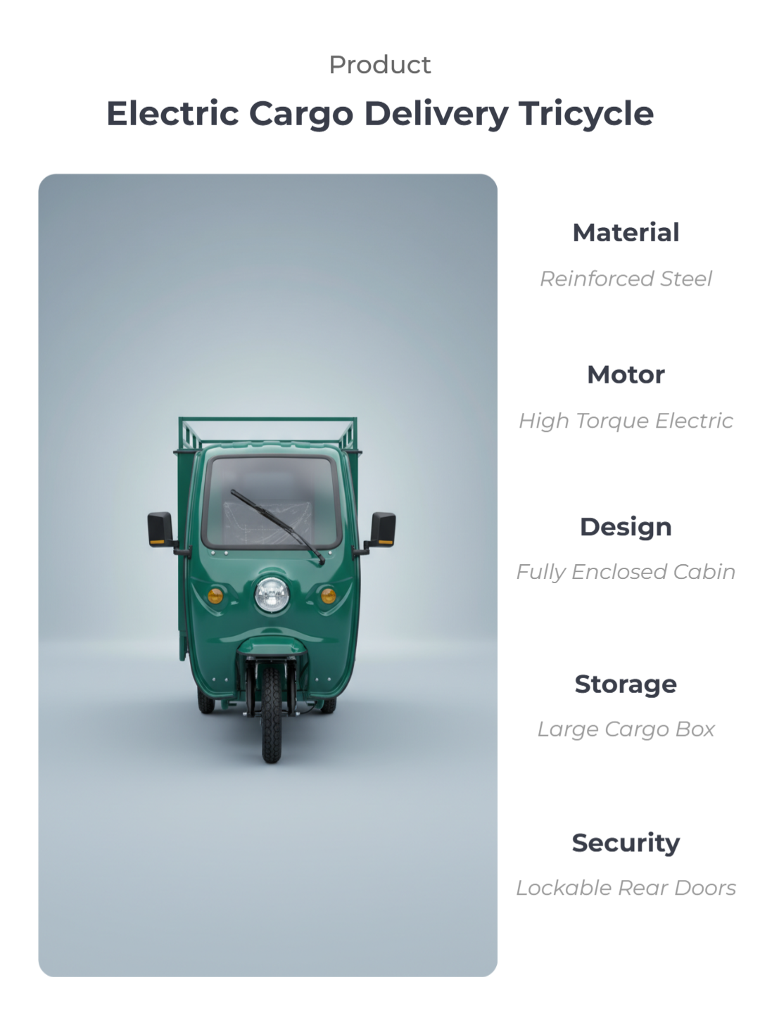 Ergonomic seating and spacious driving area on our light-duty electric cargo tricycle, providing comfort and support for long hours of community delivery.