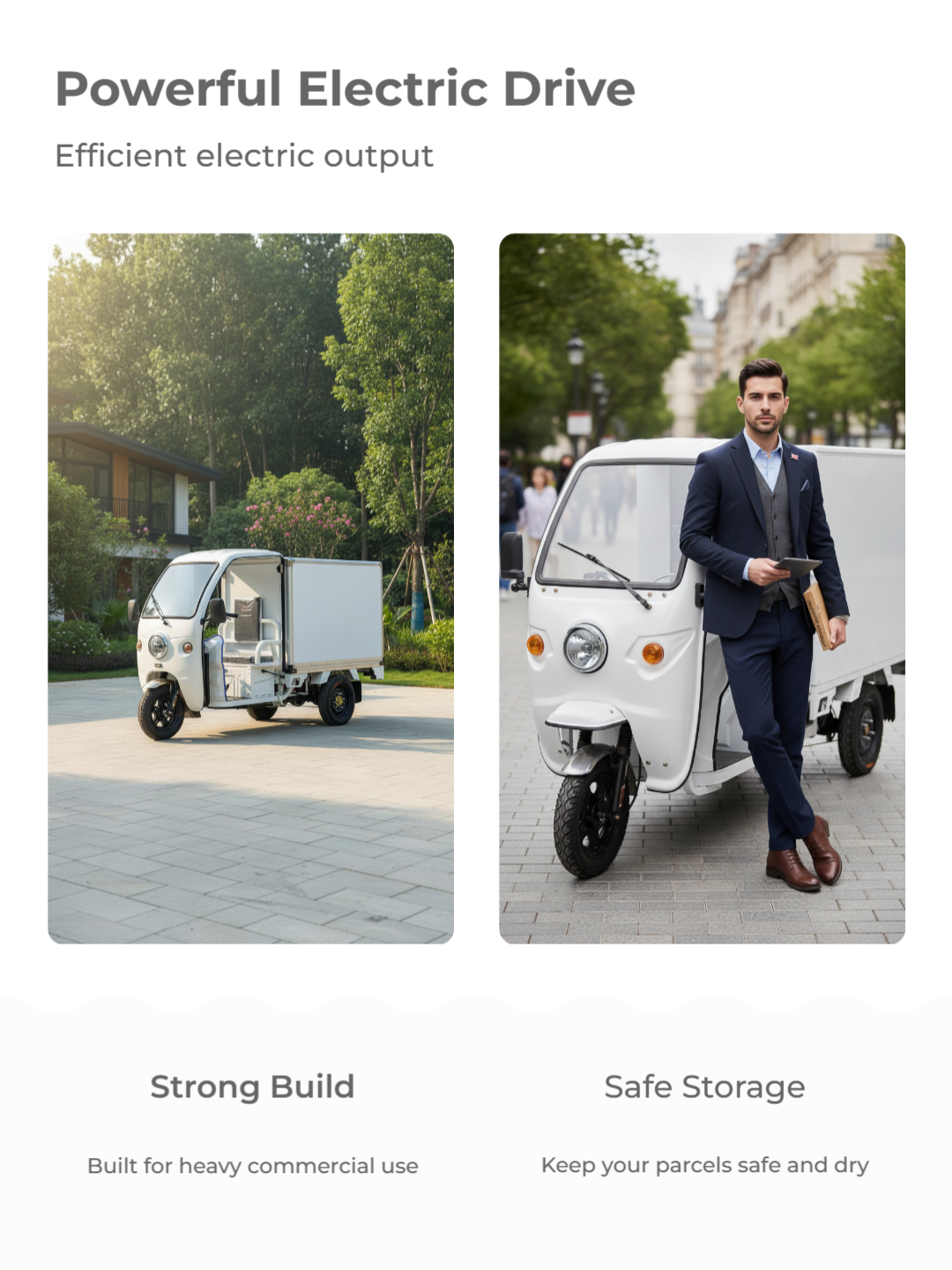 Customizable light-duty electric cargo tricycle available in multiple colors and with logo printing options, tailored to match your small business branding needs.