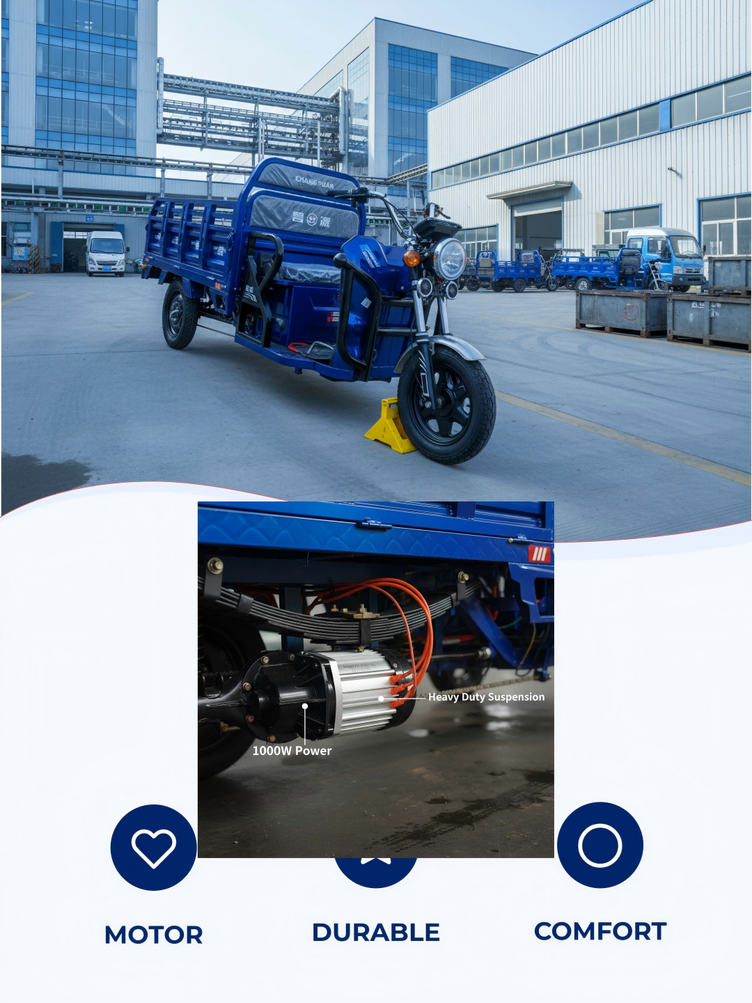 Our heavy-duty electric cargo tricycle is versatile and reliable, perfect for industrial transport, construction sites, and heavy logistics operations.