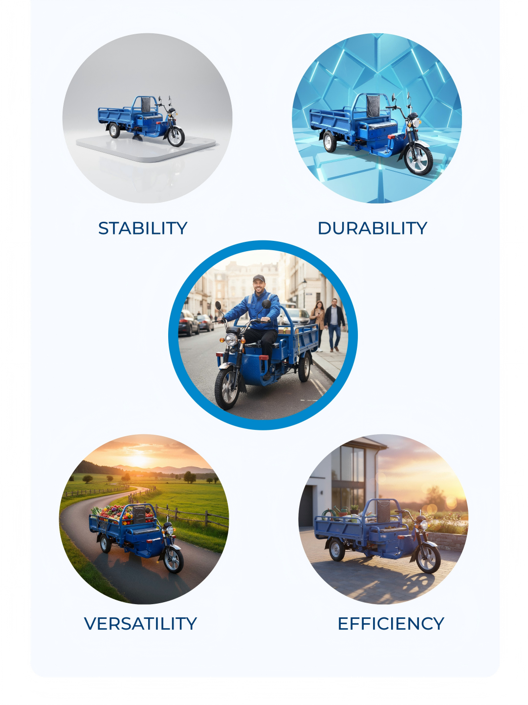 Customizable heavy-duty electric cargo tricycle available in multiple colors and with logo printing options, tailored to meet industrial branding needs.