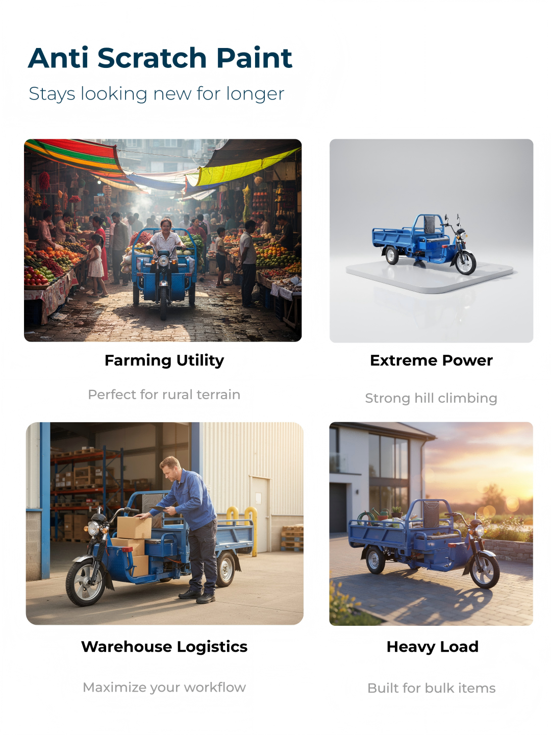 Integrated smart brakes, bright LED lights, and protective guards ensure safe operation, protecting cargo and drivers during business operations.