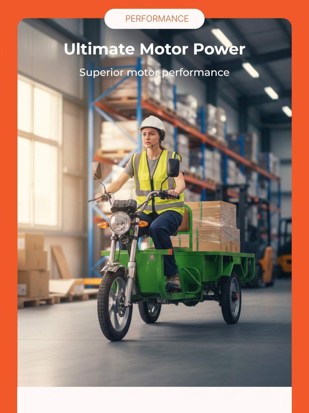 Heavy-duty brakes, protective guard rails, and bright warning lights ensure safe operation, even in busy industrial environments with heavy loads.