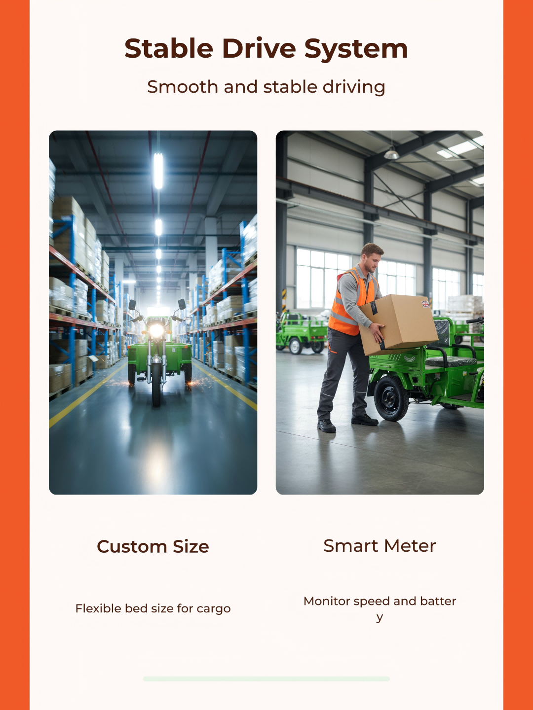 High-capacity battery supports all-day industrial transport, with fast-charging capability minimizing downtime for heavy-duty operations.